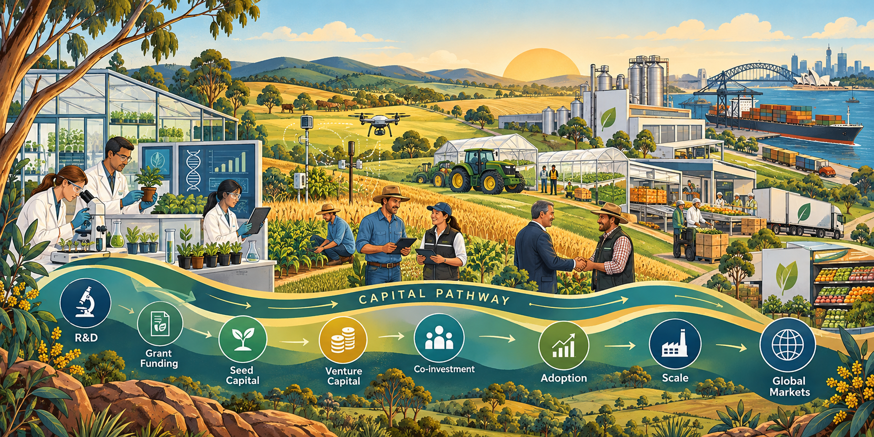 The capital pathway across Australian agrifood: research and development, grant funding, seed capital, venture capital, co-investment, adoption, scale and global markets.